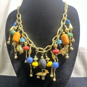 Vtg: Gold Toned Multi Dangle Charm, Bead Statement Necklace